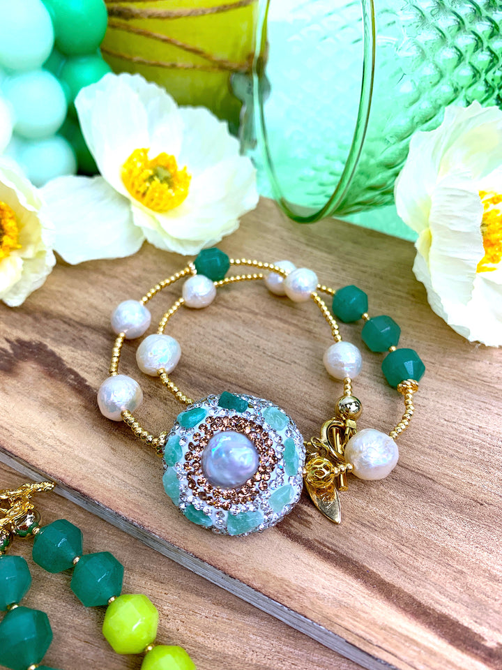 Freshwater Pearls With Aventurine Rhinestone Double Wrapped Bracelet HB002 - FARRA