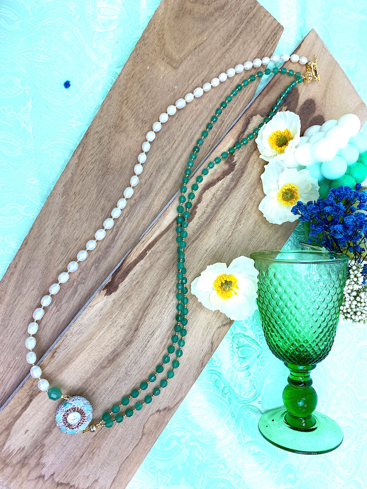 Green Aventurine And Pearls With Rhinestone Long Necklace HN016 - FARRA