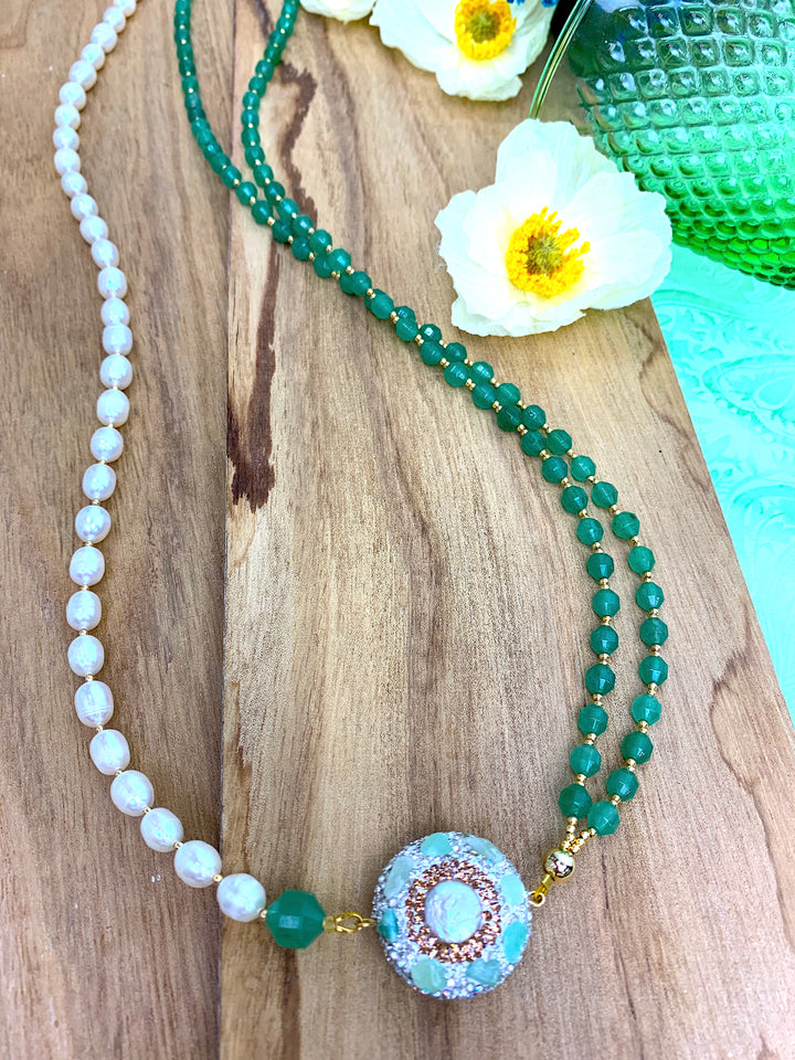 Green Aventurine And Pearls With Rhinestone Long Necklace HN016 - FARRA