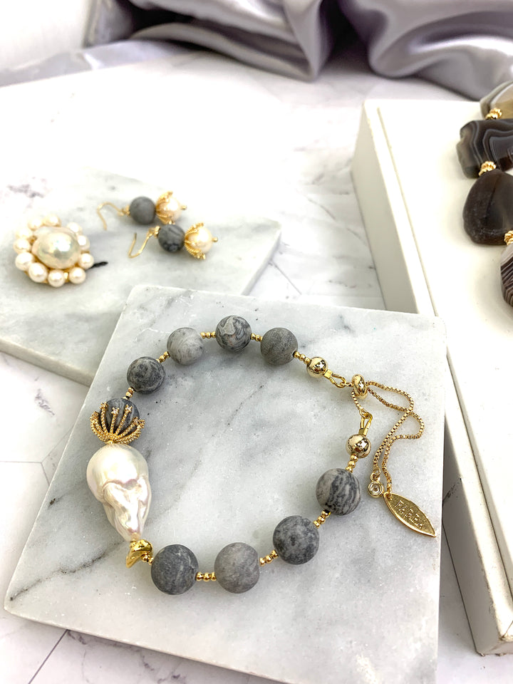 Picasso Jasper With Baroque Pearl Adjustable Bracelet HB004 - FARRA