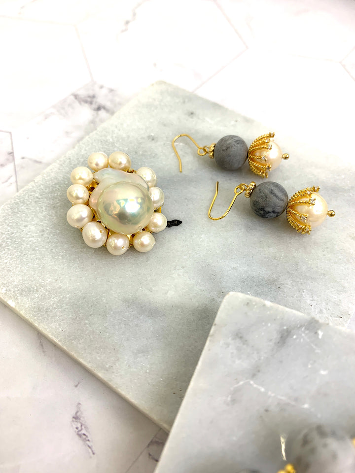 Picasso Jasper With Freshwater Pearls Dangle Earrings HE015 - FARRA