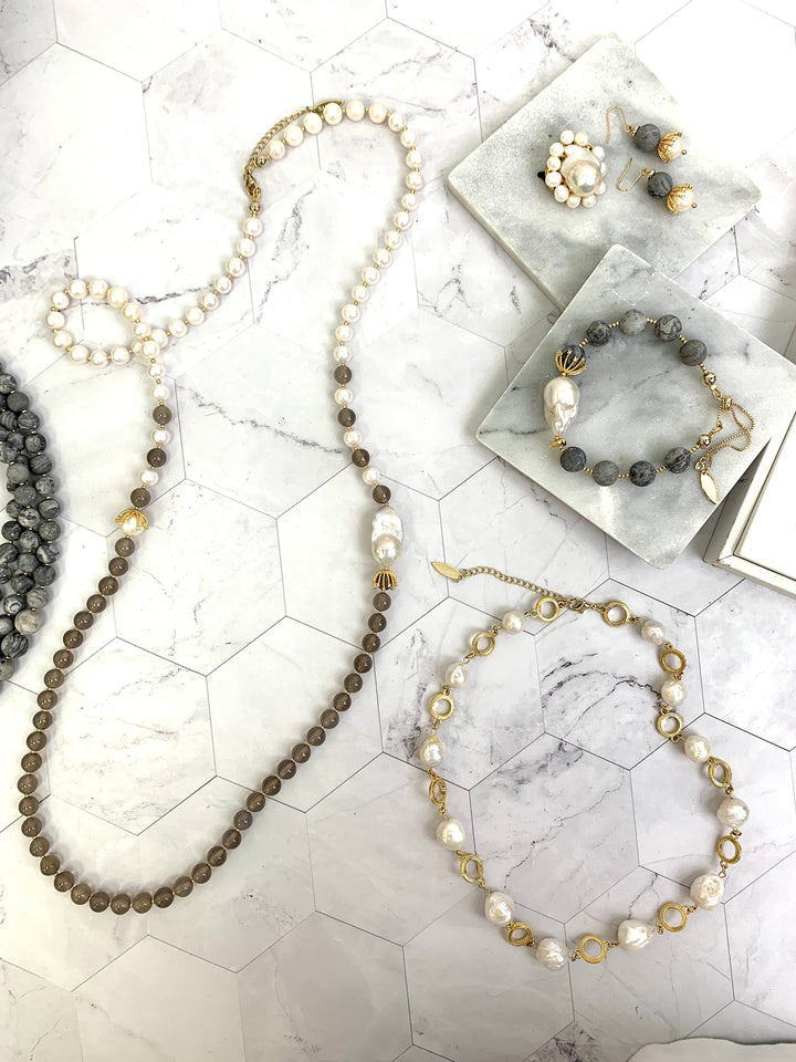 Freshwater Pearls And Gray Agate With Baroque Pearls Long Necklace HN025 - FARRA