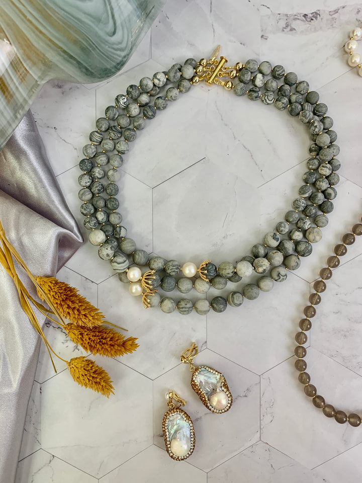Picasso Jasper With White Pearls Multi-layers Necklace HN023 - FARRA