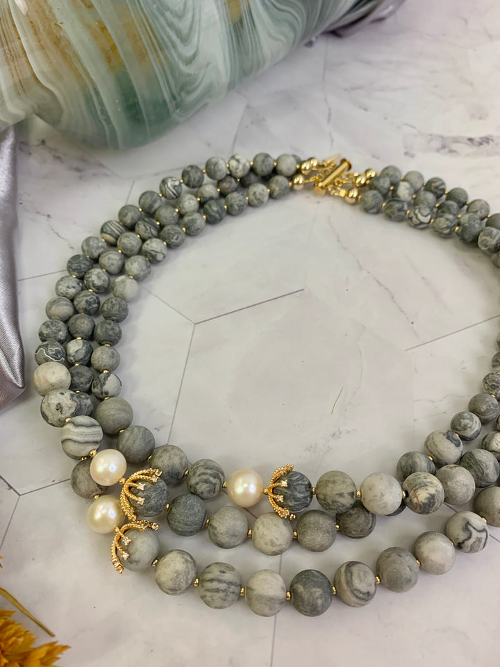 Picasso Jasper With White Pearls Multi-layers Necklace HN023 - FARRA