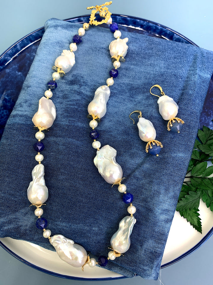 Baroque Pearls With Lapis Short Necklace HN002 - FARRA