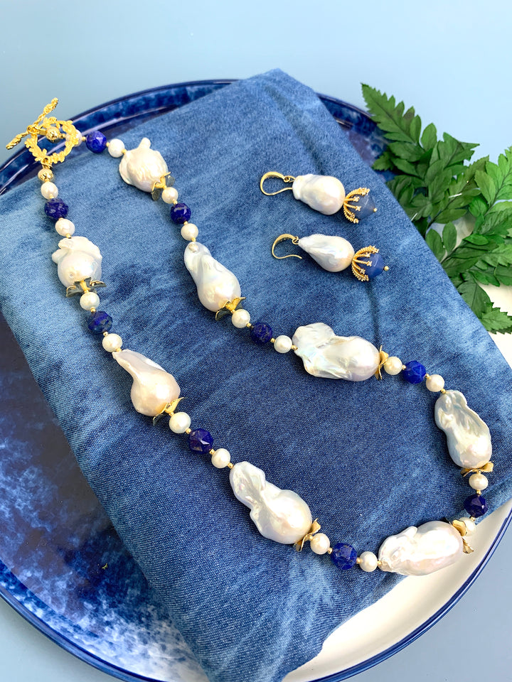 Baroque Pearls With Lapis Short Necklace HN002 - FARRA