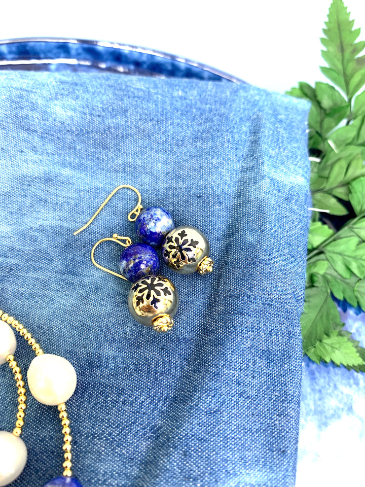 Blue Lapis With Snowflake Dangle Earrings HE002 - FARRA