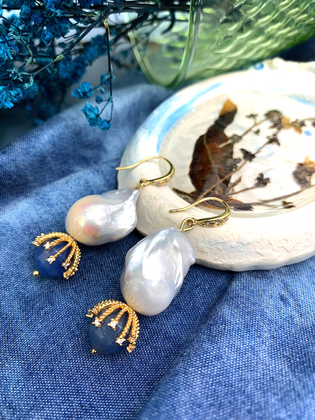 Baroque Pearl With Blue Aventurine Dangle Earrings HE004 - FARRA
