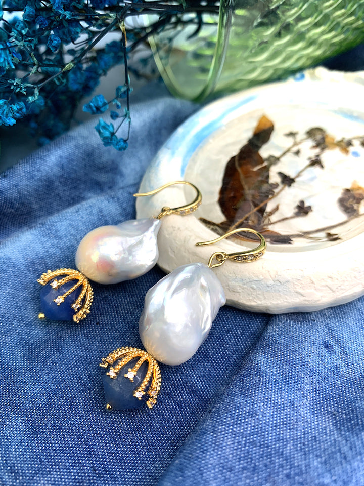 Baroque Pearl With Blue Aventurine Dangle Earrings HE004 - FARRA