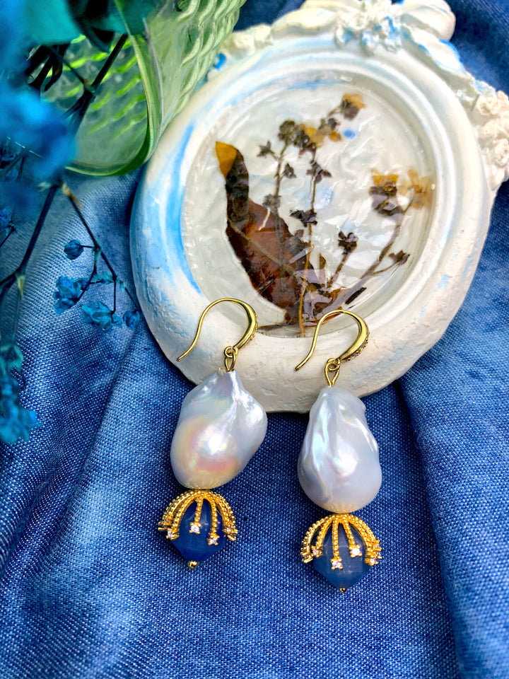 Baroque Pearl With Blue Aventurine Dangle Earrings HE004 - FARRA
