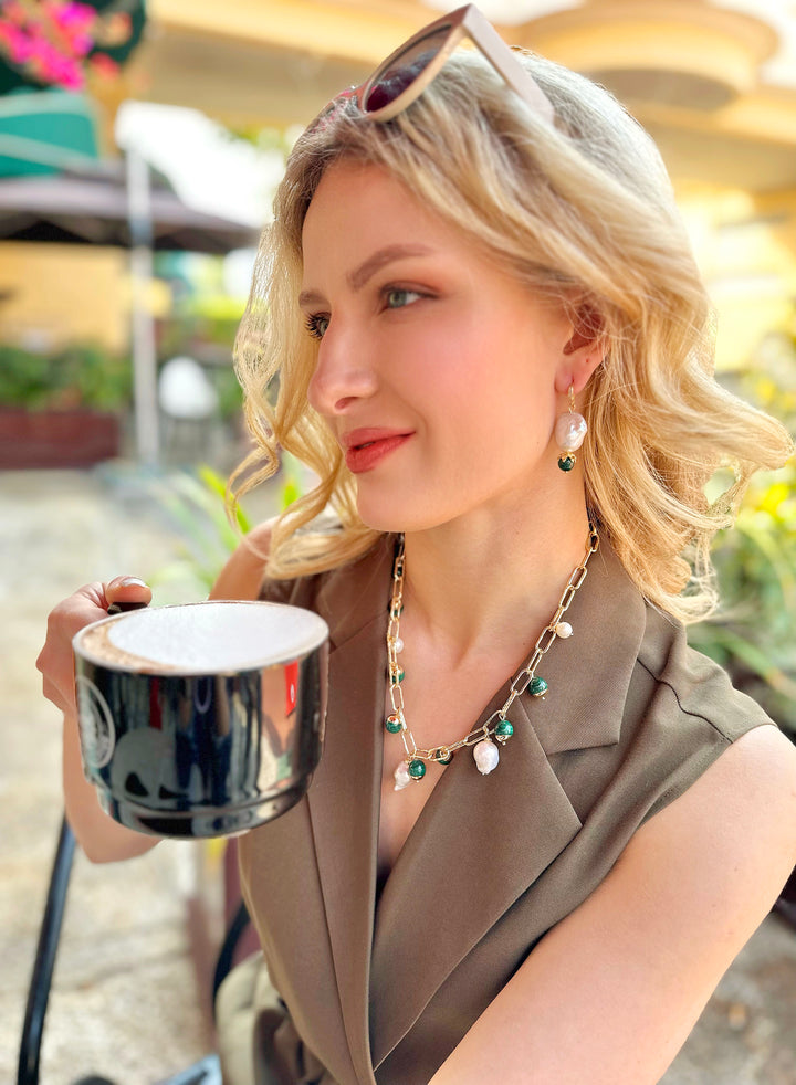 Malachite With Freshwater Pearls Chain Necklace JN046 - FARRA