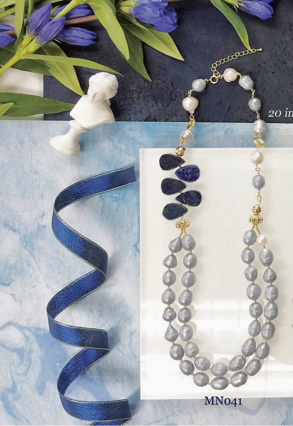 Freshwater pearls with Lapis Double Necklace MN041 - FARRA