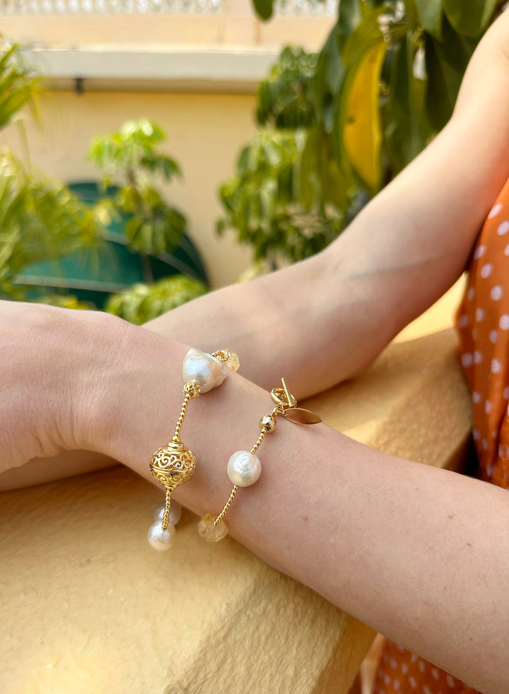 Citrine With Freshwater Pearls Double Layers Bracelet JB006 - FARRA