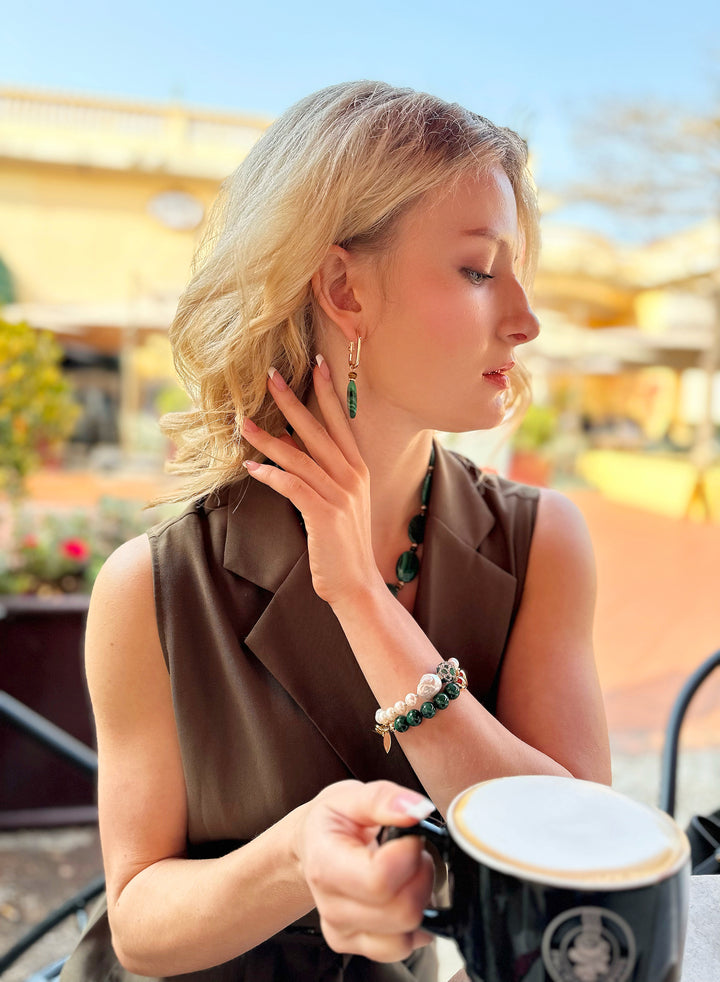 Freshwater Pearls With Rhinestones Bordered Malachite Bracelet JB018 - FARRA