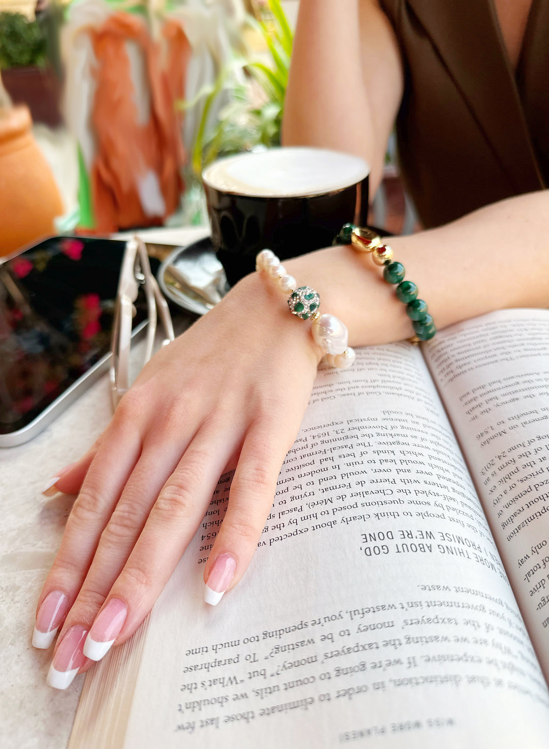 Freshwater Pearls With Rhinestones Bordered Malachite Bracelet JB018 - FARRA