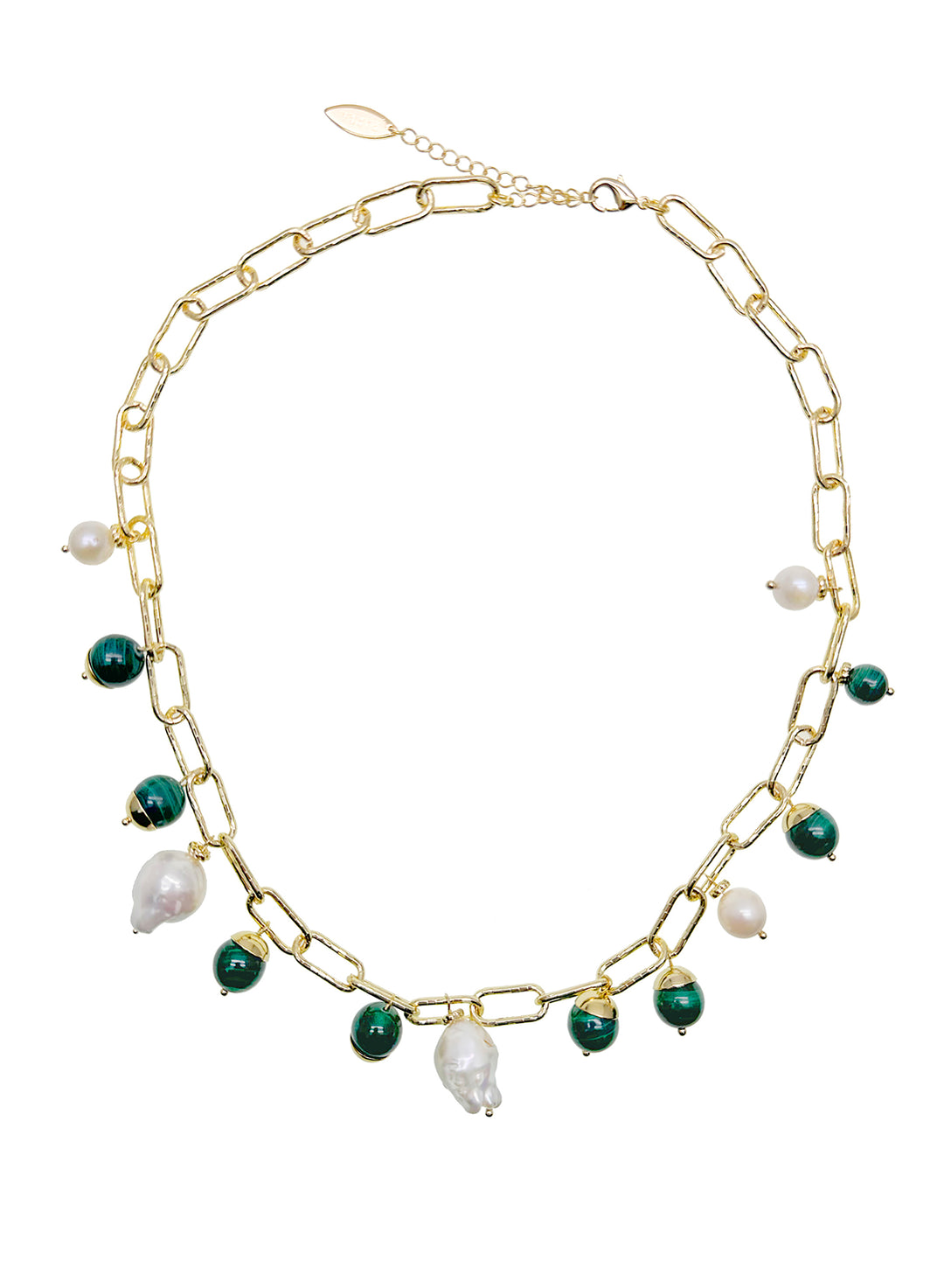 Malachite With Freshwater Pearls Chain Necklace JN046 - FARRA