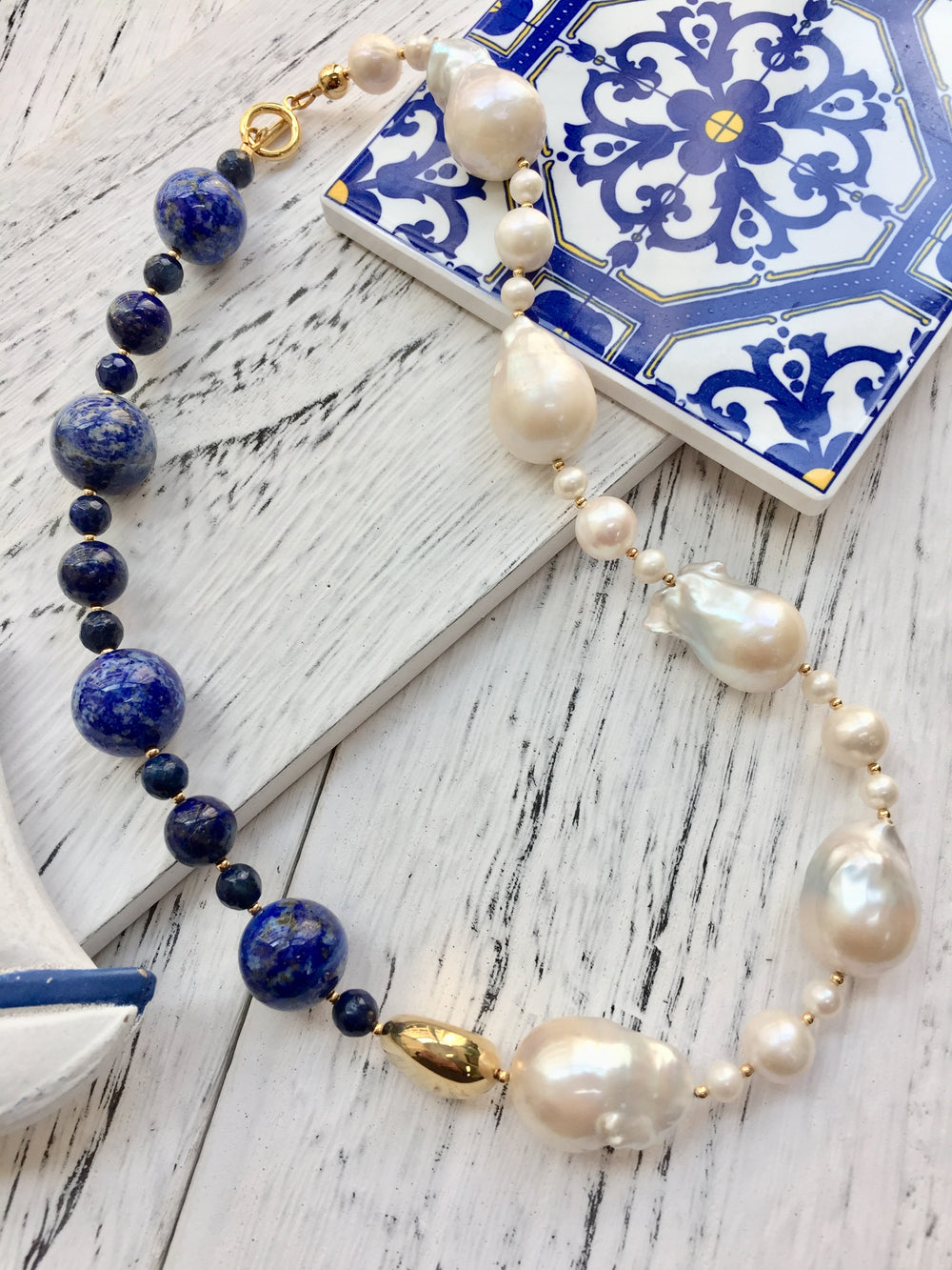 Baroque Pearls With Blue Lapis Choker Necklace DN210 - FARRA