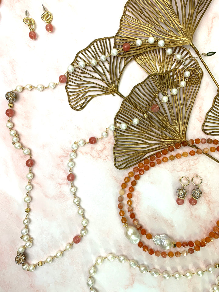 Freshwater Pearls with Watermelon Quartz Long Necklace GN004 - FARRA