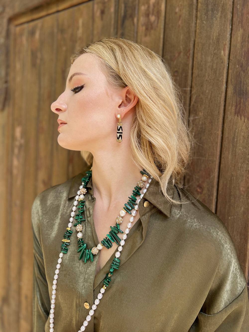 Malachite With Pearl Rhinestone Statement Necklace HN027 - FARRA