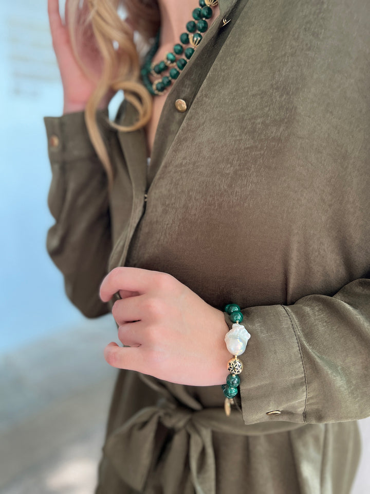 Malachite With Baroque Pearl Adjustable Bracelet HB009 - FARRA