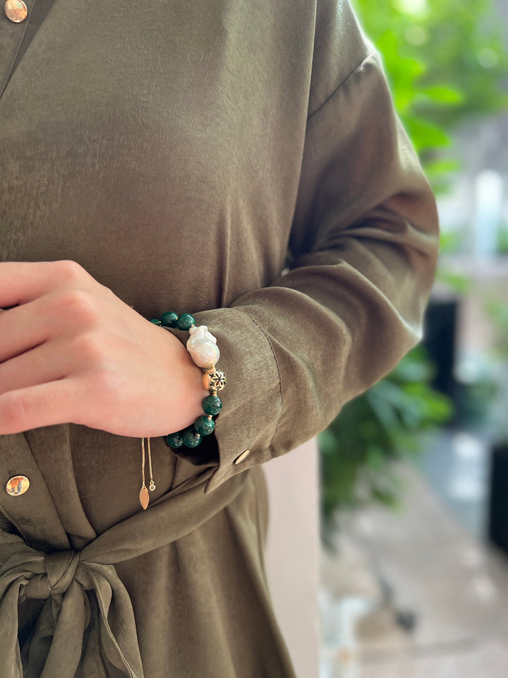 Malachite With Baroque Pearl Adjustable Bracelet HB009 - FARRA