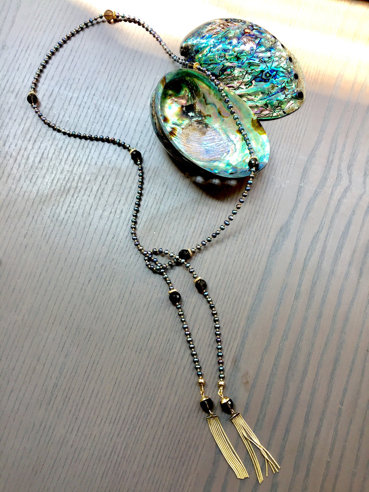 Freshwater pearls with smoky quartz  Open Ended Long Necklace CN046 - FARRA