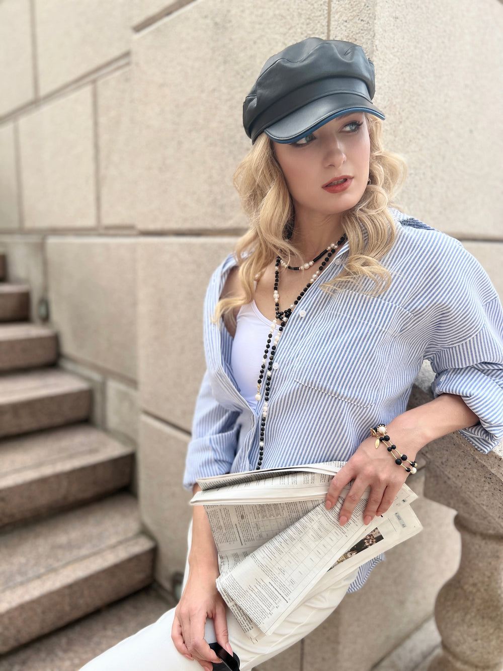 Tube Black Agate With White Pearls Short Necklace HN041 - FARRA