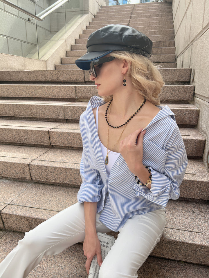 Black Obsidian and Chain With Pendant Double Layers Necklace HN036 - FARRA
