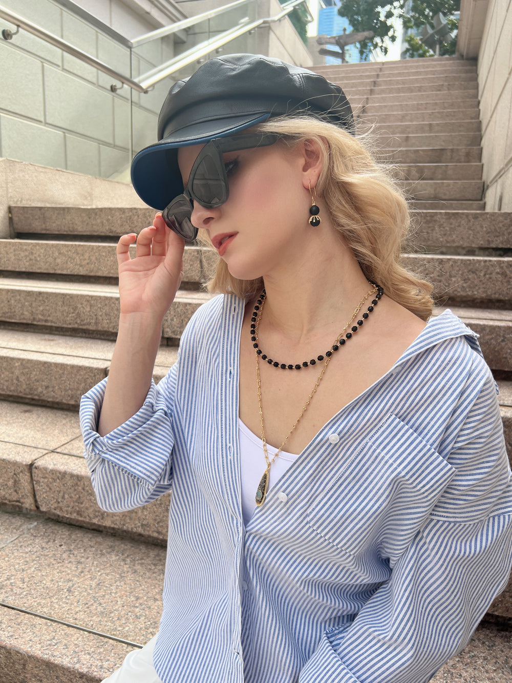 Black Obsidian and Chain With Pendant Double Layers Necklace HN036 - FARRA