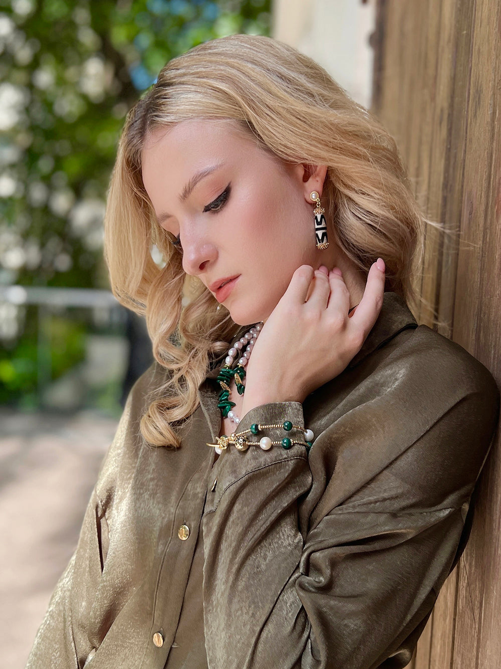 Malachite With Freshwater Pearls Double Layers Bracelet/ Choker HB006 - FARRA