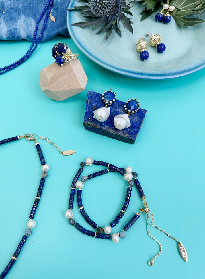 Lapis with Teardrop Freshwater Pearls Double Layers Bracelet JB008 - FARRA