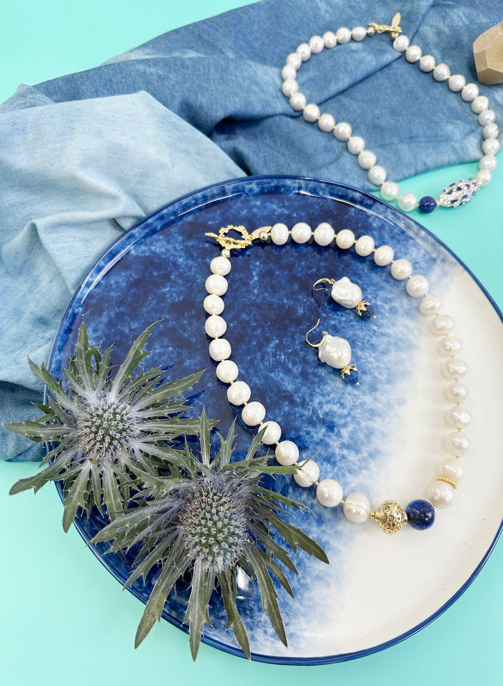 Freshwater Pearls with Lapis Necklace JN028 - FARRA