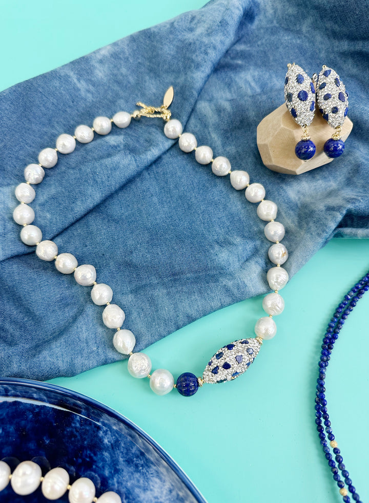 Irregular Freshwater Pearls with Lapis Rhinestone Statement Necklace JN027 - FARRA