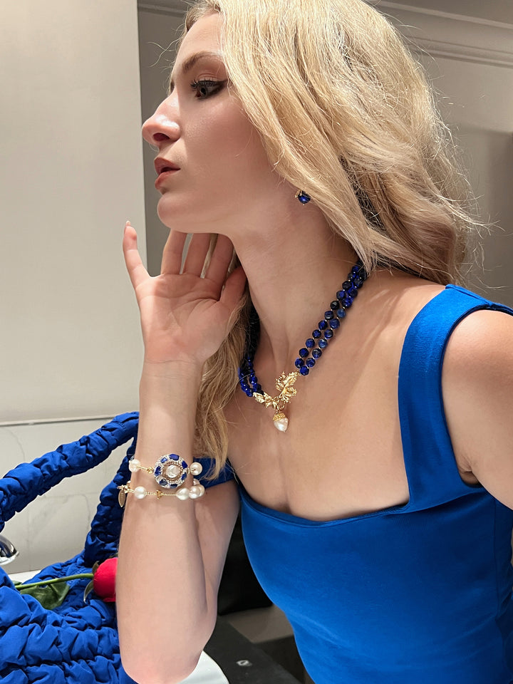 Lapis Stones With Leaf Charm Double Strands Necklace HN004 - FARRA