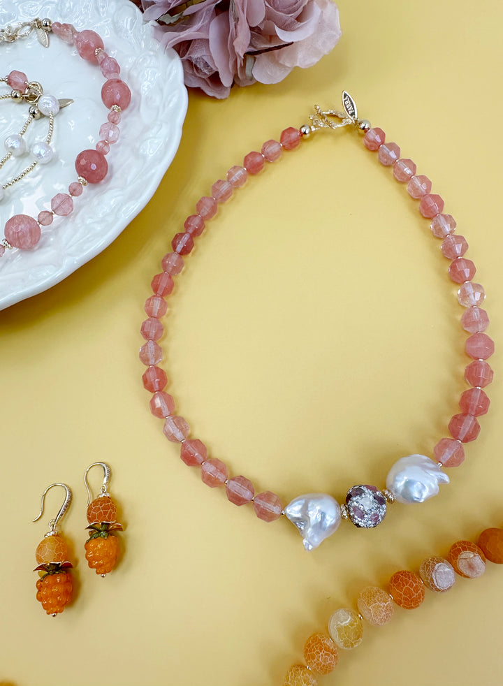 Watermelon Quartz With Baroque Pearls Statement Necklace JN009 - FARRA