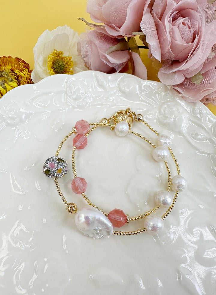 Watermelon Quartz & Freshwater Pearls Bracelet JB003 - FARRA