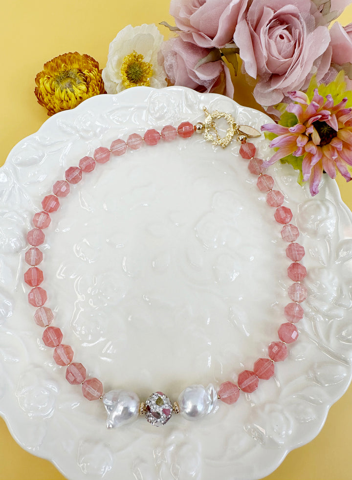 Watermelon Quartz With Baroque Pearls Statement Necklace JN009 - FARRA