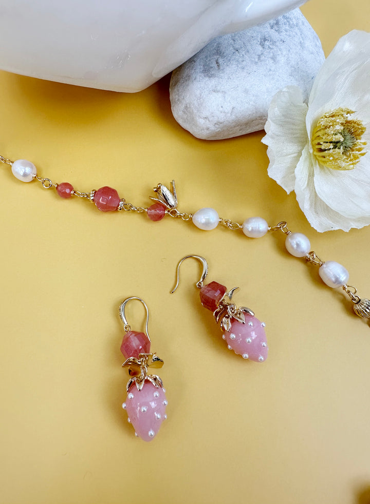 Watermelon Quartz With Strawberry Glass Dangle Earrings JE009 - FARRA