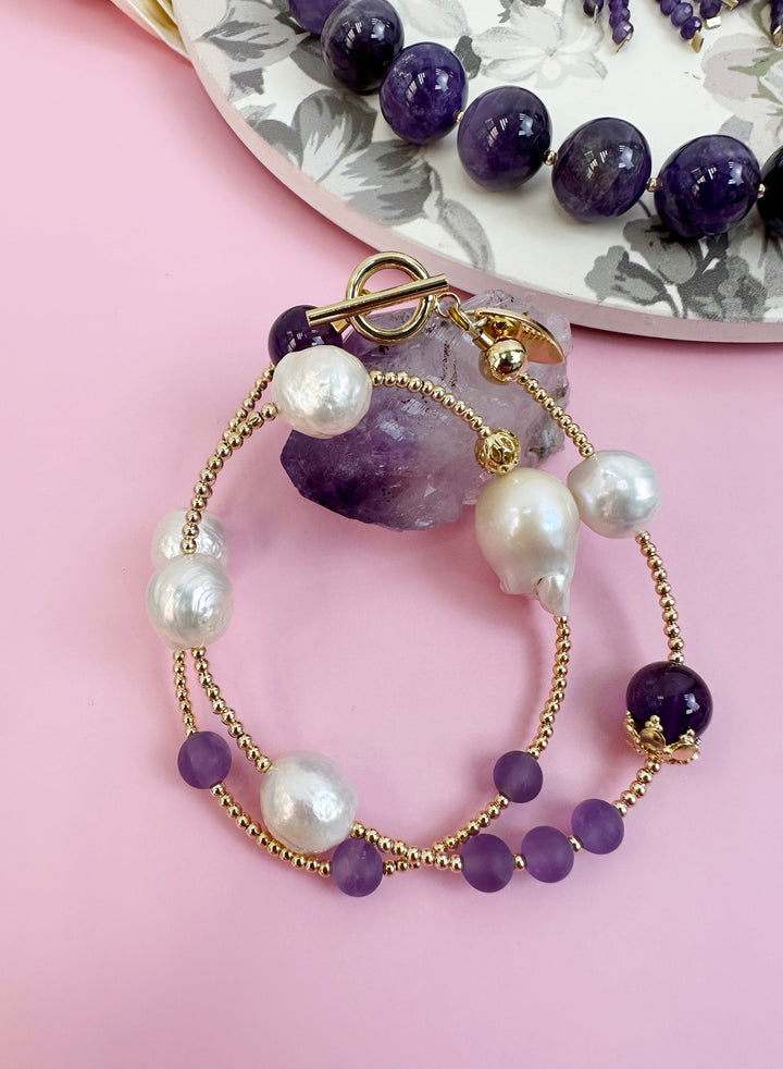 Baroque Pearl with Amethyst Double Layers Bracelet/Choker JB010 - FARRA