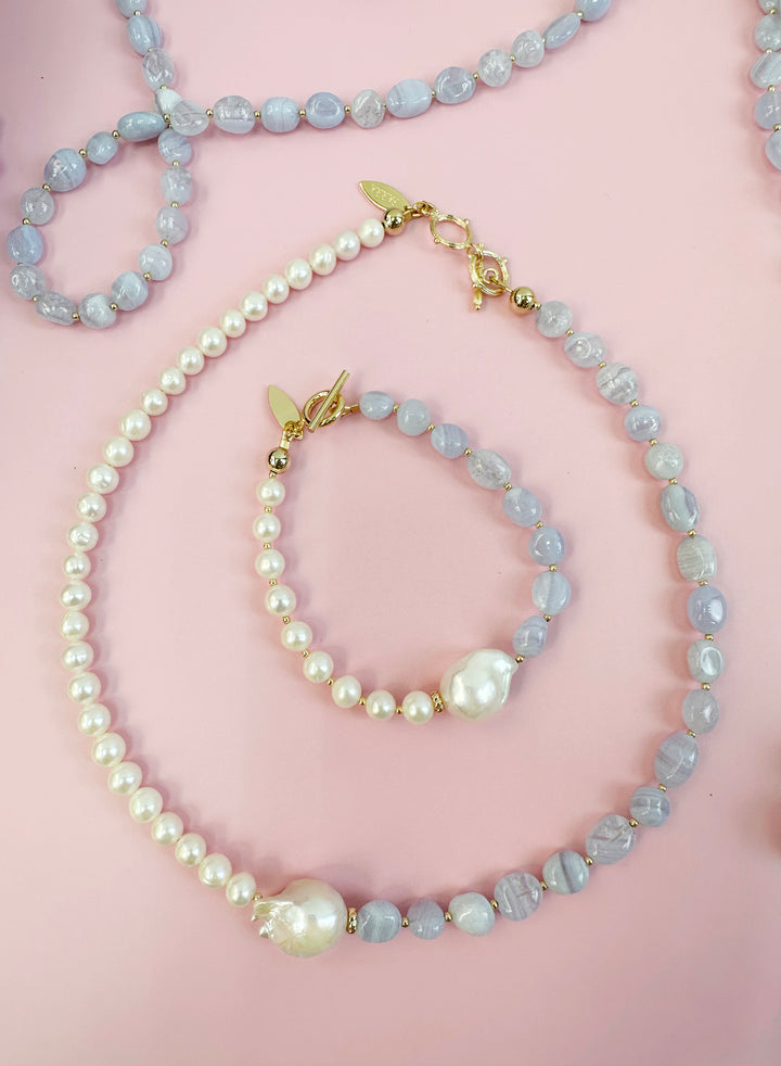 White Freshwater Pearls and Blue Lace Agate Choker Necklace JN032 - FARRA
