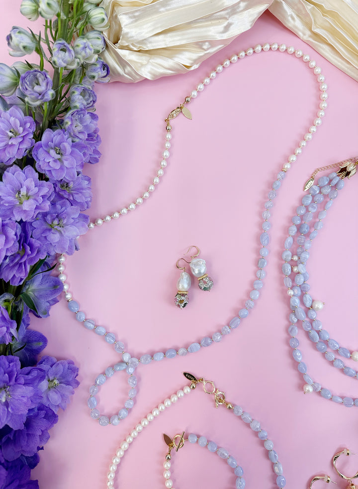 White Freshwater Pearls and Blue Lace Agate Long Necklace JN031 - FARRA