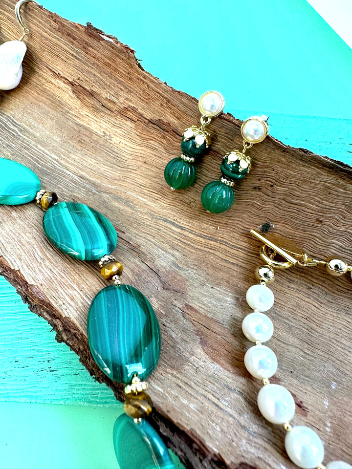 Malachite With Green Jade Dangle Earrings JE040 - FARRA