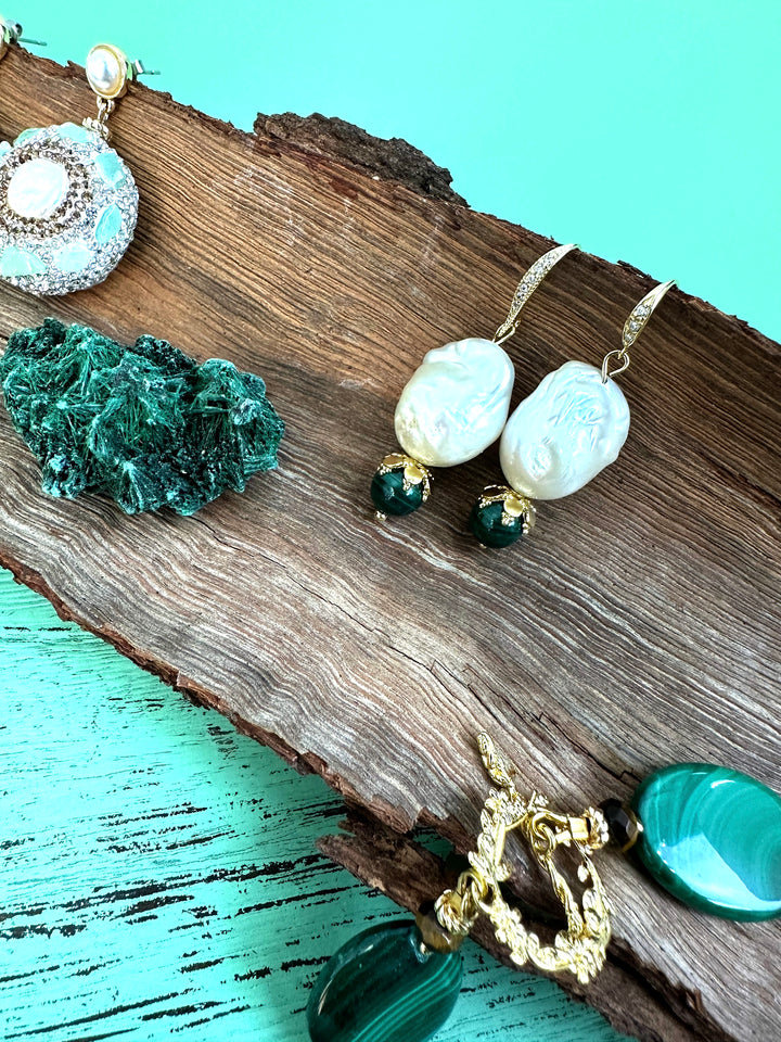 Baroque Pearl With Malachite Round Stone Earrings JE039 - FARRA