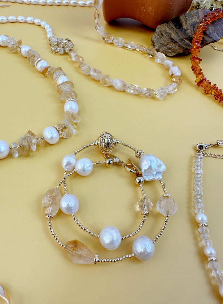 Citrine With Freshwater Pearls Double Layers Bracelet JB006 - FARRA