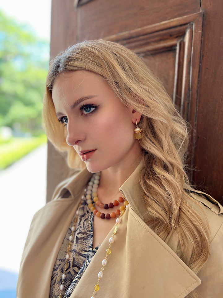 Cylinder Shaped Citrine With Freshwater Pearl Dangle Earrings HE013 - FARRA