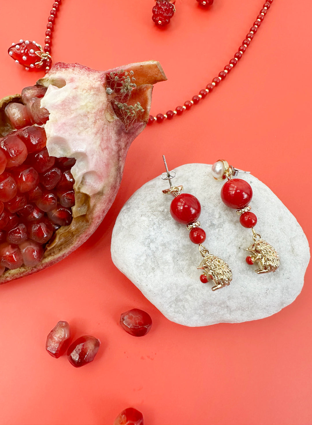 Red Coral With hedgehog Pendant Stud Earrings JE001 - FARRA