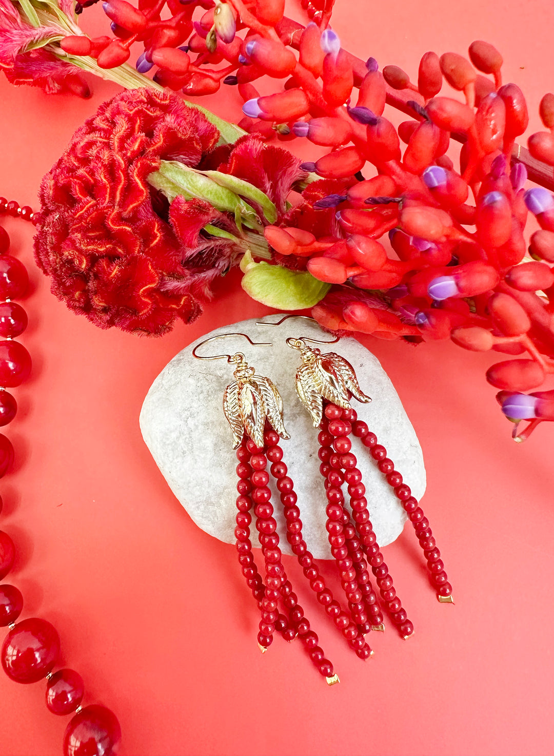 Red Coral Beaded Tassel Earrings JE006 - FARRA