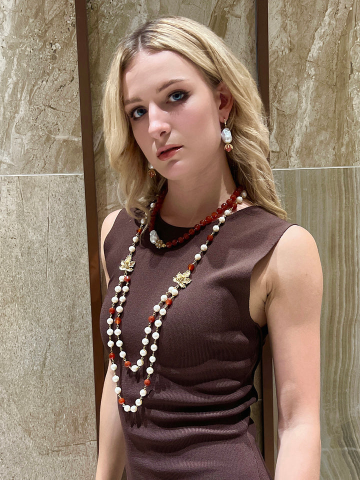 Baroque Pearl With Watermelon Quartz Elegant Earrings HE020 - FARRA