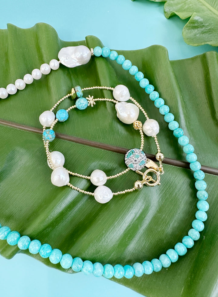 Baroque Pearls with Turquoise Double Layers Bracelet/ Choker JB019 - FARRA