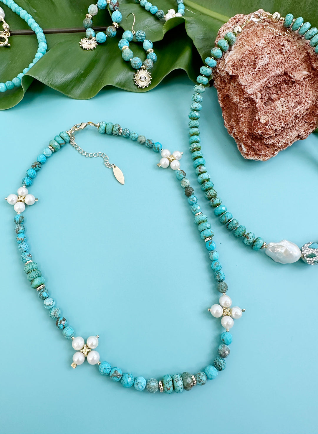 Turquoise with Flower pearls Necklace JN056 - FARRA